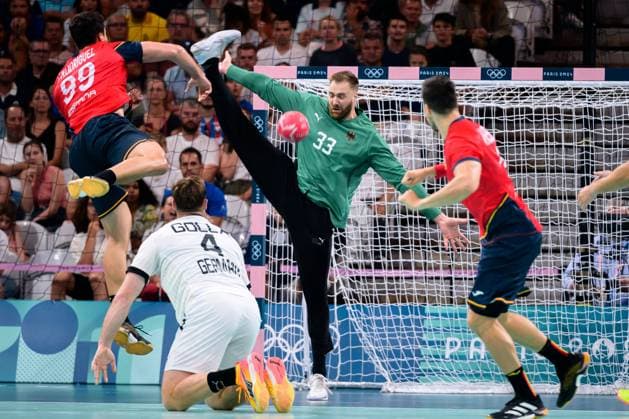 Paris, France Handball Olympia Men Semifinal Germany Spain v li Javier Rodriguez Moreno Spain , Goalkeeper Andreas Wolff Germany Lille Stade Pierre Mauroy France
