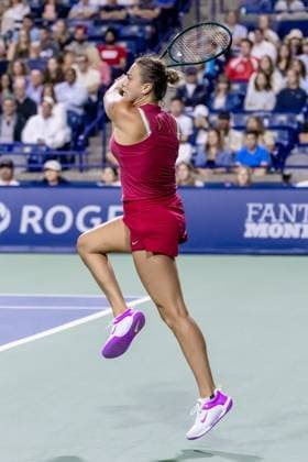 August 9, 2024, Toronto, Ontario, Canada: ARYNA SABALENKA of Belarus is seen in action against KATIE BOULTER of The United Kingdom during WomenÃ¢â‚¬â ¢s Singles Round 3 action at the 2024 National Bank Open at Sobeys Stadium in Toronto, Ontario. Toronto Canada - ZUMAt160 20240809_zip_t160_005 Copyright: xMathewxTsangx