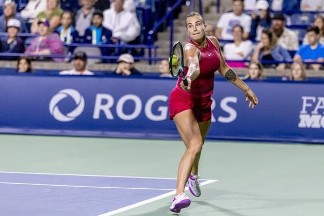 August 9, 2024, Toronto, Ontario, Canada: ARYNA SABALENKA of Belarus is seen in action against KATIE BOULTER of The United Kingdom during WomenÃ¢â‚¬â ¢s Singles Round 3 action at the 2024 National Bank Open at Sobeys Stadium in Toronto, Ontario. Toronto Canada - ZUMAt160 20240809_zip_t160_007 Copyright: xMathewxTsangx