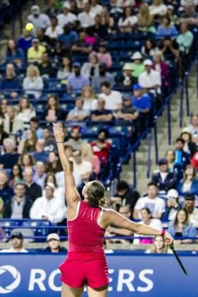 August 9, 2024, Toronto, Ontario, Canada: ARYNA SABALENKA of Belarus is seen in action against KATIE BOULTER of The United Kingdom during WomenÃ¢â‚¬â ¢s Singles Round 3 action at the 2024 National Bank Open at Sobeys Stadium in Toronto, Ontario. Toronto Canada - ZUMAt160 20240809_zip_t160_009 Copyright: xMathewxTsangx