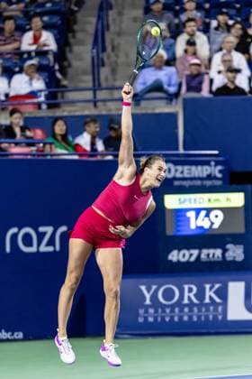 August 9, 2024, Toronto, Ontario, Canada: ARYNA SABALENKA of Belarus is seen in action against KATIE BOULTER of The United Kingdom during WomenÃ¢â‚¬â ¢s Singles Round 3 action at the 2024 National Bank Open at Sobeys Stadium in Toronto, Ontario. Toronto Canada - ZUMAt160 20240809_zip_t160_017 Copyright: xMathewxTsangx