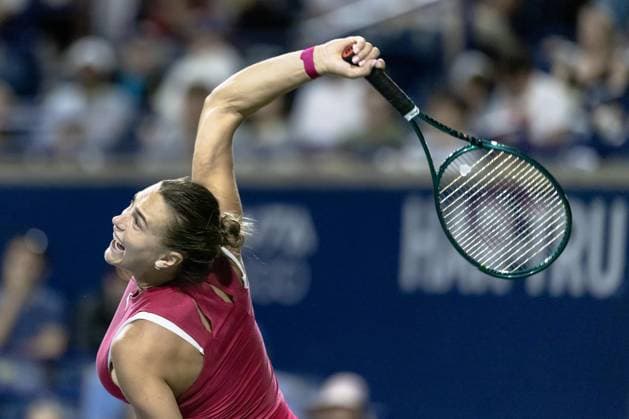 August 9, 2024, Toronto, Ontario, Canada: ARYNA SABALENKA of Belarus is seen in action against KATIE BOULTER of The United Kingdom during WomenÃ¢â‚¬â ¢s Singles Round 3 action at the 2024 National Bank Open at Sobeys Stadium in Toronto, Ontario. Toronto Canada - ZUMAt160 20240809_zip_t160_029 Copyright: xMathewxTsangx