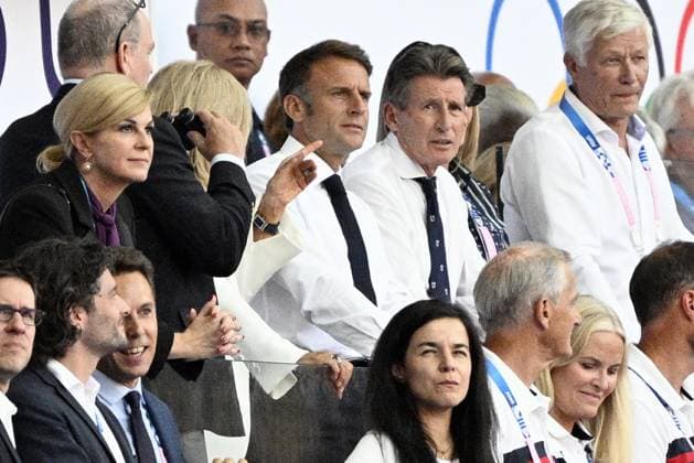 French President Emmanuel Macron and IAAF Chairman Sebastian Coe attend the men s 5000m final of the athletics competition at the Paris 2024 Olympic Games, Olympische Spiele, Olympia, OS on Saturday 10 August 2024 in Paris, France. The Games of the XXXIII Olympiad are taking place in Paris from 26 July to 11 August. The Belgian delegation counts 165 athletes competing in 21 sports. JASPERxJACOBS  x98240677x