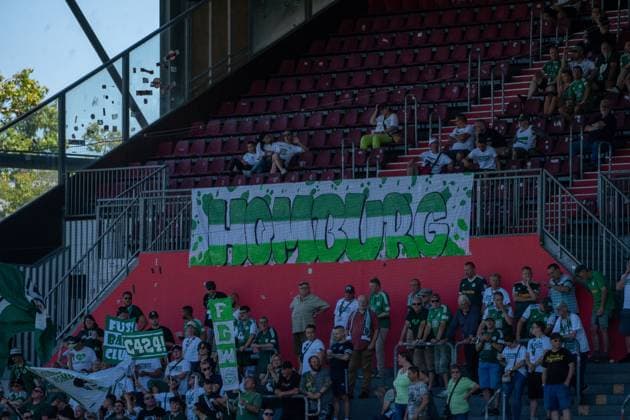 11 08 2024, xhfmx, Fussball Regionalliga Suedwest, FSV Mainz 05 U23 FC 08 Homburg emspor, Homburg Fans in Mainz DFL DFB REGULATIONS PROHIBIT ANY USE OF PHOTOGRAPHS as IMAGE SEQUENCES and or QUASI VIDEO Mainz