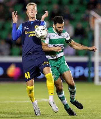 UEFA Europa League Third Qualifying Round Second Leg, Tallaght Stadium, Dublin 15 8 2024 Shamrock Rovers vs Celje Celje s Armandas KuÄys and Roberto Lopes of the Shamrock Rovers Armandas KuÄys and Roberto Lopes 15 8 2024  Copyright: x INPHO LaszloxGeczox LG_002006