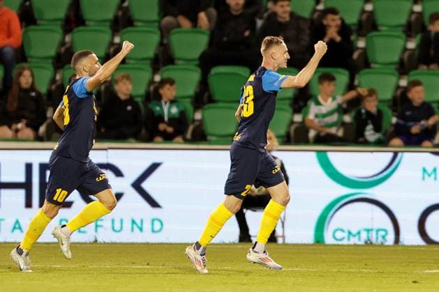UEFA Europa League Third Qualifying Round Second Leg, Tallaght Stadium, Dublin 15 8 2024 Shamrock Rovers vs Celje Celje s Å½an KarniÄnik celebrates scoring a goal Å½an KarniÄnik celebrates scoring a goal 15 8 2024  Copyright: x INPHO LaszloxGeczox LG_002626