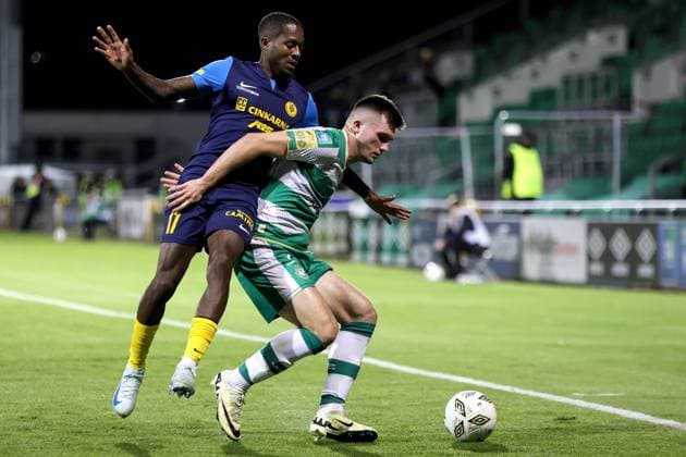 UEFA Europa League Third Qualifying Round Second Leg, Tallaght Stadium, Dublin 15 8 2024 Shamrock Rovers vs Celje Shamrock Rovers Josh Honohan and Rolando Aarons of Celje Josh Honohan and Rolando Aarons 15 8 2024  Copyright: x INPHO LaszloxGeczox LG_003630