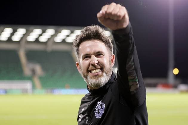 UEFA Europa League Third Qualifying Round Second Leg, Tallaght Stadium, Dublin 15 8 2024 Shamrock Rovers vs Celje Shamrock Rovers head coach Stephen Bradley celebrates with fans after the game Stephen Bradley celebrates with fans after the game 15 8 2024  Copyright: x INPHO LaszloxGeczox LG_004850
