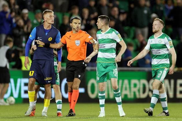 UEFA Europa League Third Qualifying Round Second Leg, Tallaght Stadium, Dublin 15 8 2024 Shamrock Rovers vs Celje Tempers flare between Celje s Armandas KuÄys and Shamrock Rovers Gary O Neill after the final whistle Tempers flare between Armandas KuÄys and Gary O Neill after the final whistle 15 8 2024  Copyright: x INPHO LaszloxGeczox LG_003933