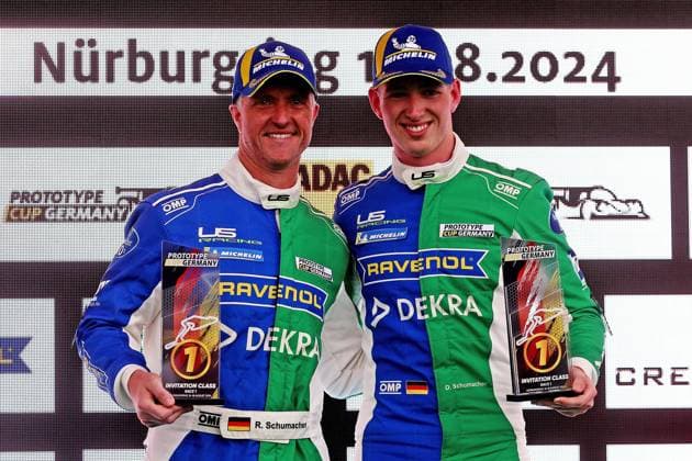 17 08 2024, xsvx, Motorsport DTM Saison 2024,DTM Rennen Nürburgring emspor, v l Ralf Schumacher US Racing , Ligier LMP3 Prototyp jubilates over the victory with David Schumacher US Racing Ligier LMP3 Prototyp Siegerehrung Podium DTM REGULATIONS PROHIBIT ANY USE OF PHOTOGRAPHS as IMAGE SEQUENCES and or QUASI VIDEO Nürburg