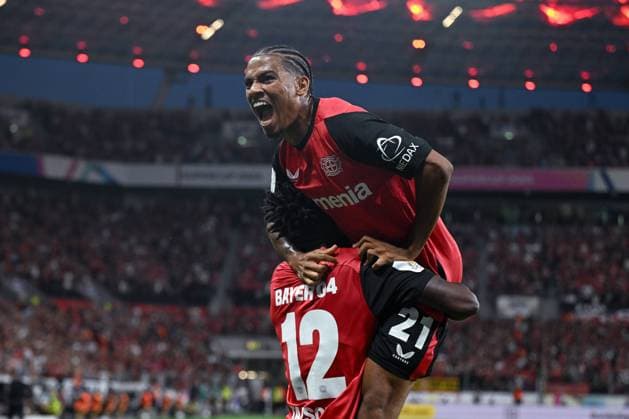 17 08 2024, Football, DFL Supercup 2024, Season 2024 2025, Bayer Leverkusen VfB Stuttgart, Edmond Tapsoba Bayer Leverkusen and Amine Adli Bayer Leverkusen celebrate the goal for 1 0 xRHR PHOTO TKx Copyright: RHR-FOTOx RHR-FOTO TK