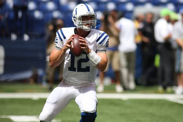 NFL, American Football Herren, USA 2012: Rams vs Colts AUG 12 August 12, 2012: Indianapolis Colts quarterback Andrew Luck (12) warms up before an NFL game between the St. Louis Rams and the Indianapolis Colts at Lucas Oil Stadium in Indianapolis, IN.(Credit Image: Pat Lovell Cal Media) Indianapolis Indiana United States EDITORIAL USE ONLY Copyright: xx ZUMA-20120812_zaf_c04_025.jpg PatxLovellx csmphoto628203