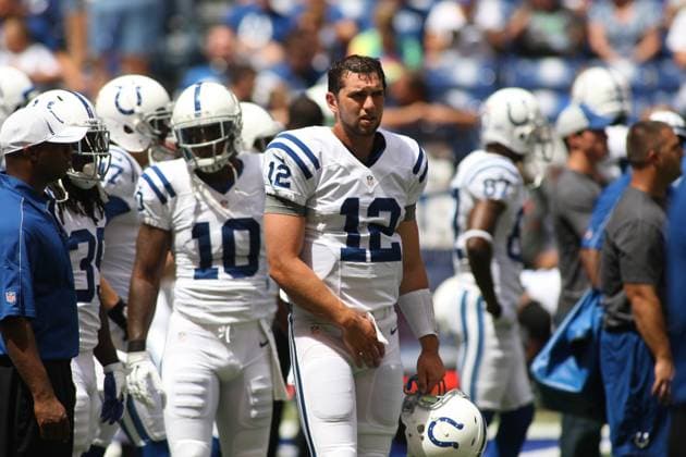 NFL, American Football Herren, USA 2012: Rams vs Colts AUG 12 August 12, 2012: Indianapolis Colts quarterback Andrew Luck (12) warms up before an NFL game between the St. Louis Rams and the Indianapolis Colts at Lucas Oil Stadium in Indianapolis, IN.(Credit Image: Pat Lovell Cal Media) Indianapolis Indiana United States EDITORIAL USE ONLY Copyright: xx ZUMA-20120812_zaf_c04_040.jpg PatxLovellx csmphoto628219