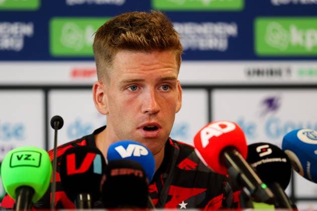 2024-08-25 Sparta Rotterdam v Feyenoord - Dutch Eredivisie ROTTERDAM, NETHERLANDS - AUGUST 25: Gijs Smal of Feyenoord during the press conference, PK, Pressekonferenz during the Dutch Eredivisie match between Sparta Rotterdam and Feyenoord at Sparta-stadion Het Kasteel on August 25, 2024 in Rotterdam, Netherlands. (Photo by Hans van der Valk BSR Agency) Rotterdam Netherlands Content not available for redistribution in The Netherlands directly or indirectly through any third parties. Copyright: xBSRxAgencyx