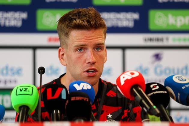 2024-08-25 Sparta Rotterdam v Feyenoord - Dutch Eredivisie ROTTERDAM, NETHERLANDS - AUGUST 25: Gijs Smal of Feyenoord during the press conference, PK, Pressekonferenz during the Dutch Eredivisie match between Sparta Rotterdam and Feyenoord at Sparta-stadion Het Kasteel on August 25, 2024 in Rotterdam, Netherlands. (Photo by Hans van der Valk BSR Agency) Rotterdam Netherlands Content not available for redistribution in The Netherlands directly or indirectly through any third parties. Copyright: xBSRxAgencyx