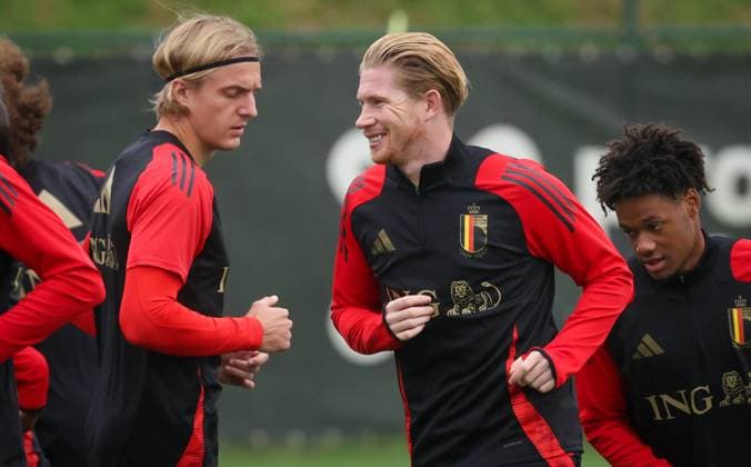 Belgium s Kevin De Bruyne pictured during a training session of Belgian national soccer team the Red Devils, Thursday 05 September 2024 in Tubize, in preparation of the upcoming UEFA Nations League game of tomorrow against Israel, played in Hungary. VIRGINIExLEFOUR  x99838416x