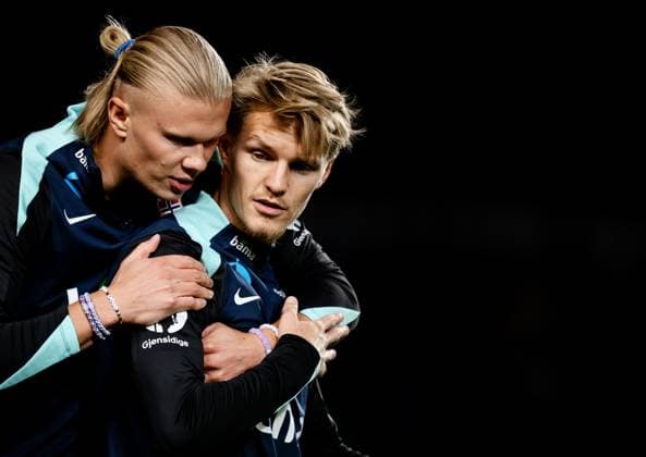 240906 Erling Braut Haaland and Martin odegaard of Norway ahead of the Nations League football match between Kazakhstan and Norway on September 6, 2024 in Almaty Photo Vegard Grott BILDBYRAN kod VG VG0659 bbeng fotboll football soccer fotball nations league landskamp norge norway kasakhstan kazakhstan Copyright: VEGARDxGRoTT BB240906VG057