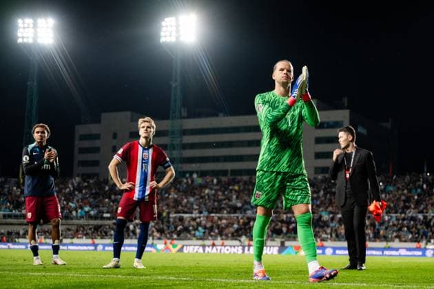 240906 Goalkeeper orjan Haskjold Nyland of Norway looks dejected after the Nations League football match between Kazakhstan and Norway on September 6, 2024 in Almaty Photo Vegard Grott BILDBYRAN kod VG VG0659 bbeng fotboll football soccer fotball nations league landskamp norge norway kasakhstan kazakhstan depp  Copyright: VEGARDxGRoTT BB240906VG156