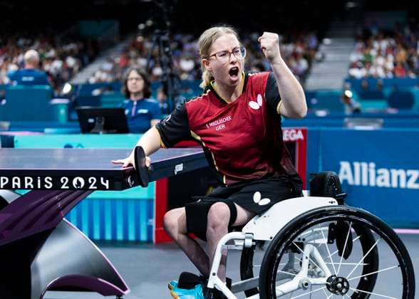 PARIS, FRANCE SEPTEMBER 07 Sandra MIKOLASCHEK of germany celebrates against Xiaodan GU of china during the para table tennis of the Paris 2024 Summer Paralympic Games at South Paris Arena on September 07, 2024 in Paris, France Photo by Mika Volkmann 202408027-20240908