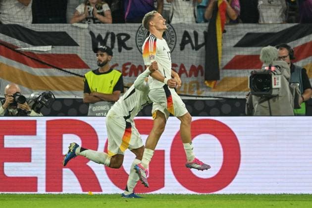 Florian Wirtz Germany 17 celebrates after scoring the 3-0 goal with Jamal Musiala Germany 10 07 09 2024 Soccer UEFA Nations League Germany vs Hungary, Merkur Spiel Arena, Duesseldorf, NRW Germany Copyright: xpepphotox xHorstxMauelshagenx pep00321, pep_20240907_hm