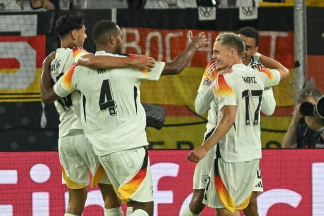 Florian Wirtz Germany 17 celebrates after scoring 3 0 with Aleksandar Pavlovic Germany 16 Jonathan Tah Germany 4 Jamal Musiala Germany 10 07 09 2024 Soccer UEFA Nations League Germany vs Hungary, Merkur Spiel Arena, Duesseldorf, NRW Germany Copyright: xpepphotox xHorstxMauelshagenx pep00321, pep_20240907_hm