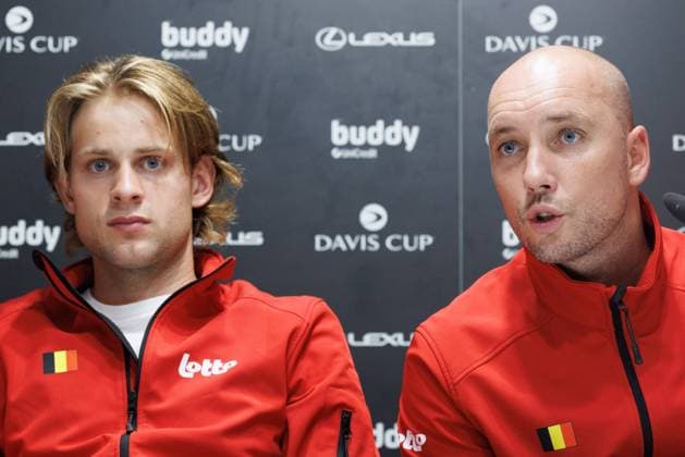 Belgian Zizou Bergs and Belgian captain Steve Darcis pictured during a press conference, PK, Pressekonferenz regarding Belgium s team in the group stage of the Davis Cup finals, Monday 09 September 2024, in Bologna, Spain. BENOITxDOPPAGNE  x100278439x