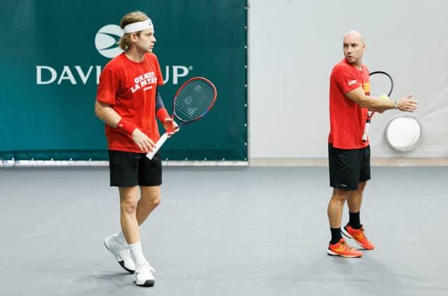 Belgian Zizou Bergs and Belgian captain Steve Darcis pictured during a training session, ahead of the second game in the group A of the Davis Cup Finals group stage, Thursday 12 September 2024, at the Unipol Arena, in Bologna, Italy. BENOITxDOPPAGNE  x100508368x