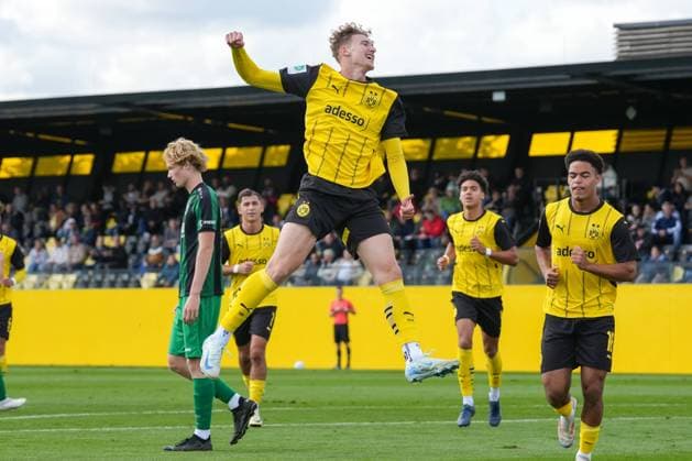 Saturday, 14 09 2024 Season 2024 2025 6 Matchday U19 DFB Youth League at BVB Football Park Hohenbuschei, Dortmund, Germany BV Borussia Dortmund U19 SC Preußen Münster U19 Goal celebration for 2-0 by Elias Benkara BVB