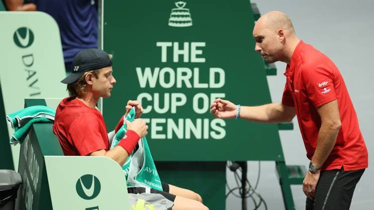 Belgian Zizou Bergs and Belgian captain Steve Darcis pictured during a game between Belgian Zizou Berg and Brazilian Thiago Monteiro, the second match in the group A Davis Cup Finals group stage between Belgium and Brazil, Saturday 14 September 2024, at the Unipol Arena, in Bologna, Italy. BENOITxDOPPAGNE  x100630610x