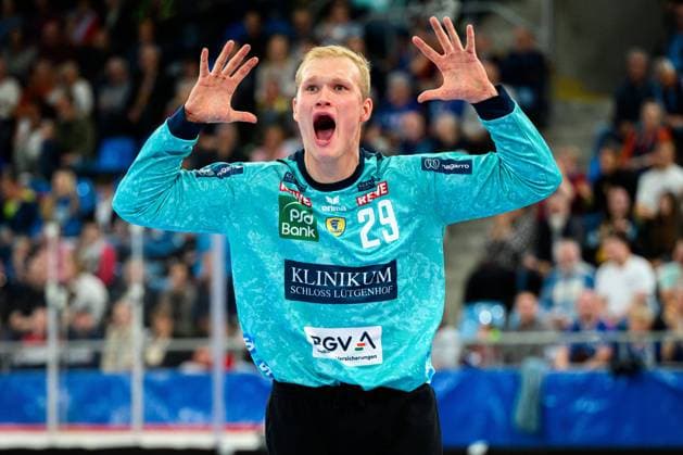 Bietigheim, September 14, 2024 HBL 24 25 SG BBM Bietigheim Rhein Neckar Löwen Goalkeeper David Spaeth Späth Loewen Jubel Freude Emotion Bietigheim Bissingen Egetrans Arena Baden Württemberg Germany