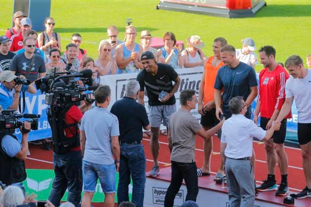 Athletics: Hypomeeting Gotzis 2018 GOTZIS, AUSTRIA - MAY 27 : winner of the decathlon Damian Warner of Canada with the other men pictured at the Hypo meeting Gotzis 2018 during the podium ceremony at the Mosle stadion on May 27, 2018 in Gotzis, Austria, 27 05 18 Gotzis Austria  Copyright: xJanxDexMeuleneirx 10716333-303