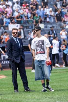 September 21, 2024, New York, New York, United States: David Beckham and Romeo Beckham attends regular MLS, Fussball Herren, USA season match between NYCFC and Inter Miami CF at Yankee stadium in New York on September 21, 2024. Game ended in draw 1 - 1 New York United States - ZUMAr339 20240921_znp_r339_011 Copyright: xLevxRadinx