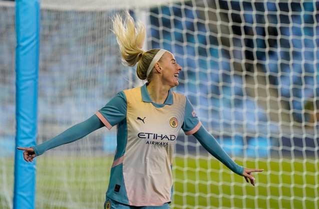 Manchester, England, 26th September 2024. Chloe Kelly of Manchester City celebrates after scoring the opening goal during the UEFA Womens Champions League match at the Academy Stadium, Manchester. Picture credit should read: Andrew Yates Sportimage EDITORIAL USE ONLY. No use with unauthorised audio, video, data, fixture lists, club league logos or live services. Online in-match use limited to 120 images, no video emulation. No use in betting, games or single club league player publications. SPI-3335-0017