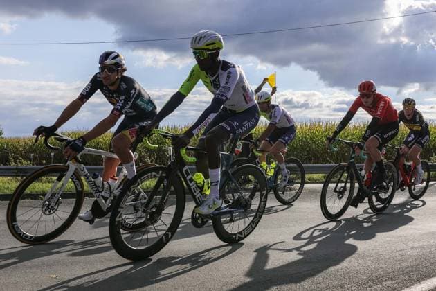 Cycling UCI ProSeries Men Elite 18 Sparkassen Münsterland Giro on 03 10 2024 in Münster Marco Haller Redbull Bora Hansgrohe , left Biniam Girmay Intermache Wanty , center David Dekker Arkea B B Hotels , right xJRx