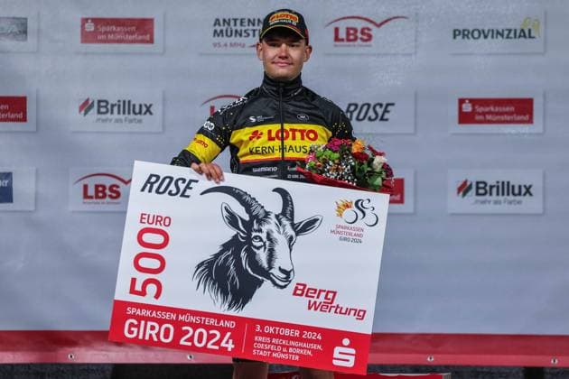 Cycling UCI ProSeries Men Elite 18 Sparkassen Münsterland Giro on 03 10 2024 in Münster Luca Dressler Lotto Kern Haus PSD Bank wins the mountain classification Award ceremony xJRx