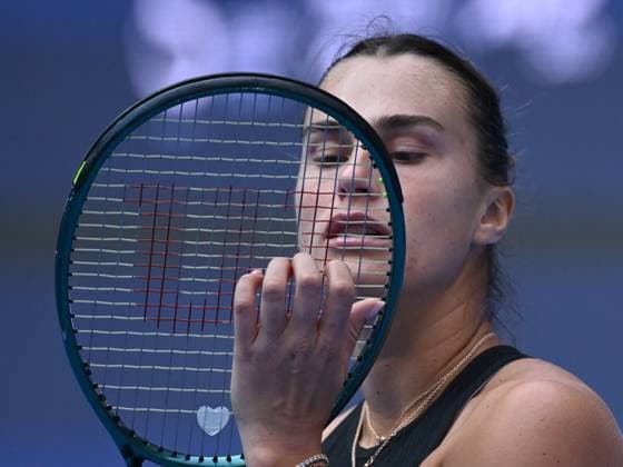 (241004) -- BEIJING, Oct. 4, 2024 -- Aryna Sabalenka reacts during the women s singles quarterfinal match between Karolina Muchova of the Czech Republic and Aryna Sabalenka of Belarus at the 2024 China Open tennis tournament in Beijing, China, Oct. 4, 2024 ) (SP)CHINA-BEIJING-TENNIS-CHINA OPEN-WOMEN S SINGLES(CN) ZhangxLong