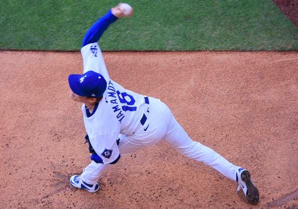 October 5, 2024, Los Angeles, California, USA: Starting pitcher, Yoshinobu Yamamoto 18 during warmups prior to the NLDS Game 1 against the San Diego Padres on Saturday October 5, 2024 at Dodger Stadium in Los Angeles, California in preparation to face the San Diego Padres JAVIER ROJAS PI Los Angeles USA - ZUMAp124 20241005_zaa_p124_002 Copyright: xJavierxRojasx