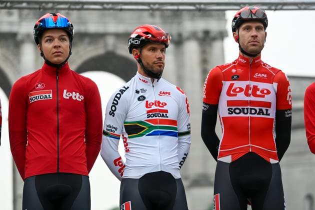 Brussels Cycling Classic 2022 Cycling Race BRUSSELS, BELGIUM - JUNE 05 : Vermeersch Florian (BEL) of Lotto Soudal , Janse Van Rensburg Reinardt (RSA) of Lotto Soudal and Frison Frederik (BEL) of Lotto Soudal pictured during the team presentation of the Flanders Classics 10th Brussels Cycling Classic cycling race with start and finish in Brussels on June 05, 2022 in Brussels, Belgium, 5 06 2022 Brussels Belgium  Copyright: xNicoxVereeckenx 10983689-019