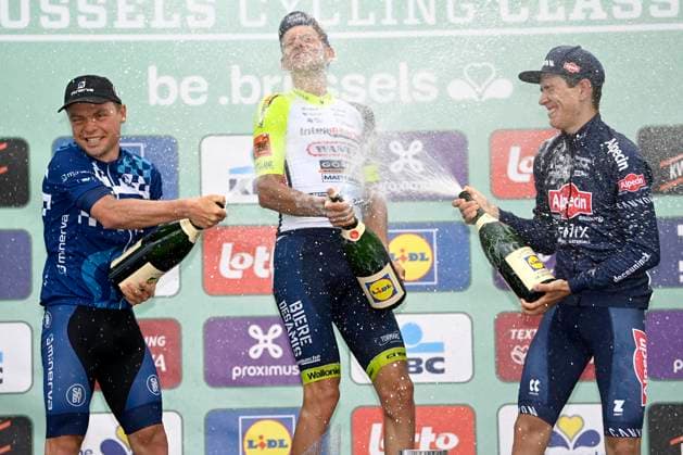 Brussels Cycling Classic 2022 Cycling Race BRUSSELS, BELGIUM - JUNE 05 : Willems Thimo (BEL) of Minerva Cycling, Van Der Hoorn Taco (NED) of Intermarche - Wanty - Gobert Materiaux and Bayer Tobias (AUT) of Alpecin-Fenix pictured during the podium ceremony after the Flanders Classics 10th Brussels Cycling Classic cycling race with start and finish in Brussels on June 05, 2022 in Brussels, Belgium, 5 06 2022 Brussels Belgium  Copyright: xNicoxVereeckenx 10983689-095