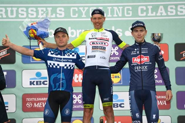 Brussels Cycling Classic 2022 Cycling Race BRUSSELS, BELGIUM - JUNE 05 : Willems Thimo (BEL) of Minerva Cycling, Van Der Hoorn Taco (NED) of Intermarche - Wanty - Gobert Materiaux and Bayer Tobias (AUT) of Alpecin-Fenix pictured during the podium ceremony after the Flanders Classics 10th Brussels Cycling Classic cycling race with start and finish in Brussels on June 05, 2022 in Brussels, Belgium, 5 06 2022 Brussels Belgium  Copyright: xNicoxVereeckenx 10983689-097