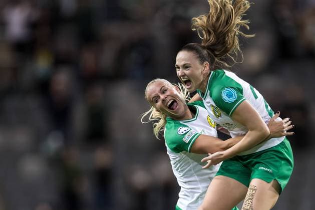 241009 Vilde Hasund and Stina Lennartsson of Hammarby celebrates the 1 0 goal during the UEFA Women s Champions League football match between Hammarby and St Pölten on October 9, 2024 in Stockholm Photo Kenta Jönsson BILDBYRAN COP 210 KJ0195 fotboll football soccer fotball champions league hammarby st pölten dam bbeng bbauto jubel  Copyright: KENTAxJÖNSSON BB241009KJ037
