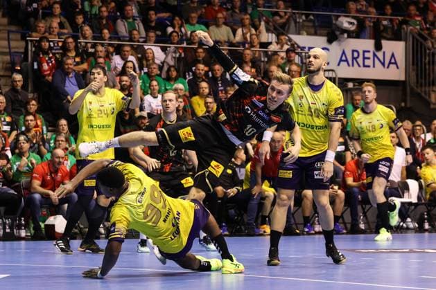 Gisli Kristjansson SC Magdeburg,10 vs Dylan Nahi l ,KS Kielce,99 and Artsem Karalek KS Kielce,50 Handball EHF Champions League Season 2024 2025 Group B SC Magdeburg vs Industria Kielce in the GETEC Arena in Magdeburg Action,Handball,Germany,10 10 2024