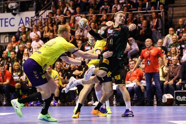 Gisli Kristjansson SC Magdeburg,10 vs Tomasz Gebala KS Kielce,48 Handball EHF Champions League Season 2024 2025 Group B SC Magdeburg vs Industria Kielce at the GETEC Arena in Magdeburg Action,Handball,Germany,10 10 2024