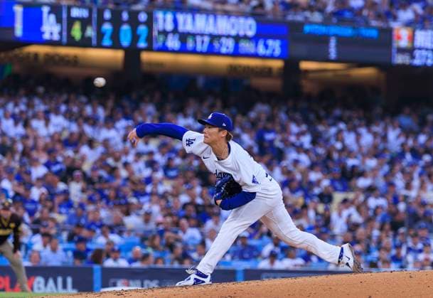 October 11, 2024, Los Angeles, California, USA: Starting pitcher, Yoshinobu Yamamoto 18 of the Los Angeles Dodgers during the NLDS Game 5 against the San Diego Padres on Friday October 11, 2024 at Dodger Stadium in Los Angeles, California. Dodgers defeat Padres, 2-0 to win the National League Division Series. JAVIER ROJAS PI Los Angeles USA - ZUMAp124 20241011_zaa_p124_025 Copyright: xJavierxRojasx