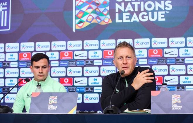Republic of Ireland press conference, PK, Pressekonferenz Georgios Karaiskakis Stadium, Athens, Greece 12 10 2024 Head Coach Heimir Hallgrimsson and Josh Cullen Heimir Hallgrimsson and Josh Cullen 12 10 2024  Copyright: x INPHO InTime DimitrisxBirntachasx BHX_9716