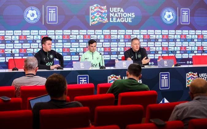 Republic of Ireland press conference, PK, Pressekonferenz Georgios Karaiskakis Stadium, Athens, Greece 12 10 2024 Head Coach Heimir Hallgrimsson and Josh Cullen Heimir Hallgrimsson and Josh Cullen 12 10 2024  Copyright: x INPHO InTime DimitrisxBirntachasx BHX_9821