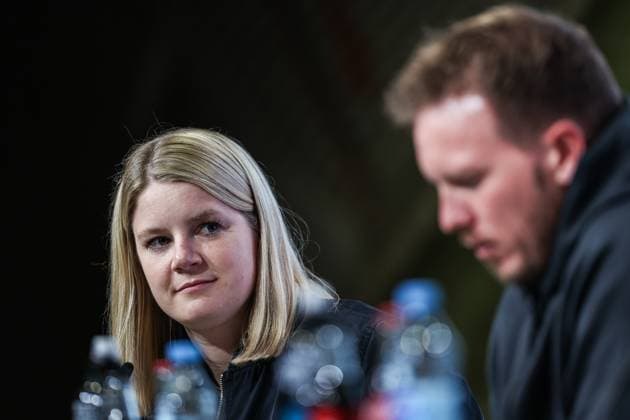Sport, Football, UEFA Nations League Season 2024 2025 Group A3 Matchday 4 Final press conference Germany before the match against the Netherlands 13 10 2024, Allianz Arena Munich Franziska Wülle DFB Press Spokeswoman Munich Allianz Arena Bayern Germany