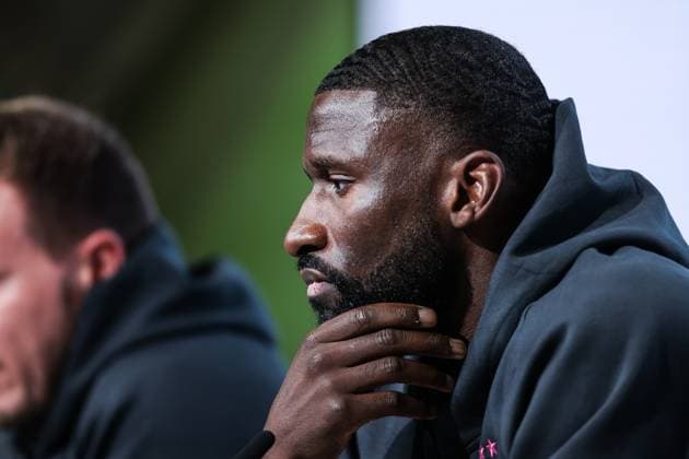 Sport, Football, UEFA Nations League Season 2024 2025 Group A3 Matchday 4 Final press conference Germany before the match against the Netherlands 13 10 2024, Allianz Arena Munich Antonio Rüdiger Germany, 2 Munich Allianz Arena Bayern Germany