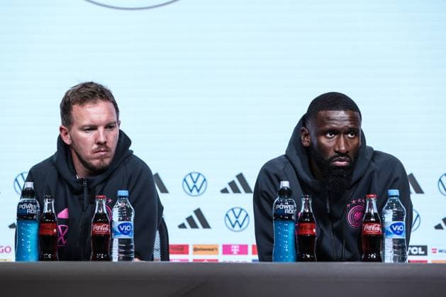 Sport, Football, UEFA Nations League Season 2024 2025 Group A3 Matchday 4 Final press conference Germany before the match against the Netherlands 13 10 2024, Allianz Arena Munich Julian Nagelsmann Coach Germany Antonio Rüdiger Germany, 2 Munich Allianz Arena Bayern Germany