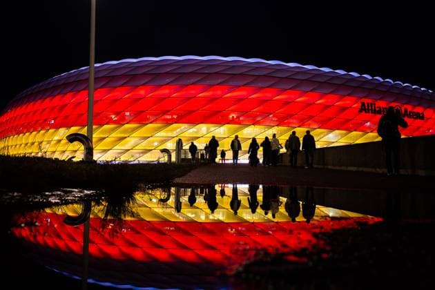 14 10 2024, Germany vs Netherlands, Nations League 4 Matchday, Group C Allianz Arena Exterior view at night, Germany Colors Allianz Arena, Black Red Gold Important note According to the regulations of the DFL German Football League and the DFB German Football Association, it is prohibited to use photographs taken in the stadium and or of the game in the form of sequential images and or video-like photo series Photo Bahho Kara Kirchner Media Copyright: xBahhoxKara Kirchner-Mediax
